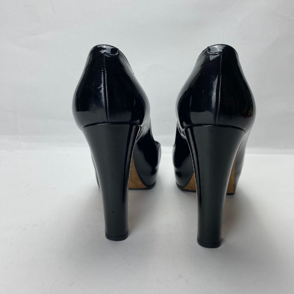 CHANEL Patent Silver Name Plate Chrome Logo Cap Toe Black Chunky Pumps Size 37.5 - Picture 6 of 10